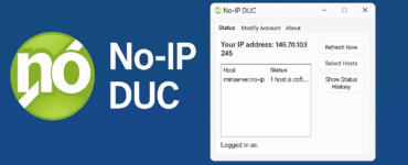 Skærmbillede af No-IP DUC-programmet med statusvisning af IP og hostnavn, flankeret af No-IP’s grønne logo og programtitel på blå baggrund.