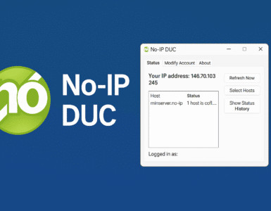 Skærmbillede af No-IP DUC-programmet med statusvisning af IP og hostnavn, flankeret af No-IP’s grønne logo og programtitel på blå baggrund.
