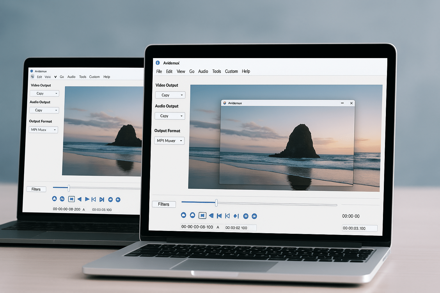 To bærbare datamaskiner – en Mac og en Windows-PC – viser Avidemux-programmet med et videoklipp av en strand og en klippe i solnedgang. Programvinduet viser redigeringsverktøy og tidslinje.