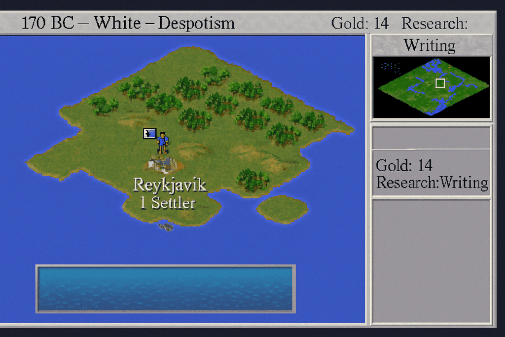 Skærmbillede fra Civilization II med byen Reykjavik, en ny bosætter og brugergrænsefladen, der viser guld, forskning og minimap.