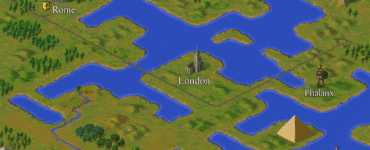 Isometrisk oversigtskort fra Civilization II med byerne Rom og London, Colosseum, pyramiderne og militære enheder i klassisk pixelgrafik.