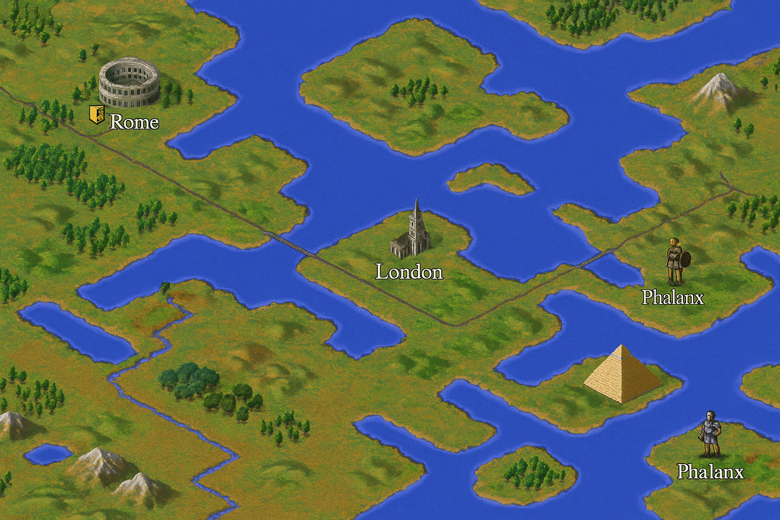 Isometrisk oversiktskart fra Civilization II med byene Roma og London, Colosseum, pyramidene og militære enheter i klassisk pikselgrafikk.