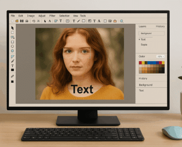 Et computerbord med en skærm, hvor et billedredigeringsprogram er åbent og viser et foto af en kvinde med rødbrunt hår og gul sweater. Værktøjslinjen viser redigeringsfunktioner som tekst og filtre, mens skrivebordet er pyntet med potteplanter, blyanter og trådløst tastatur og mus.