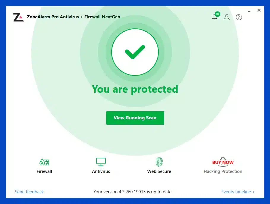 ZoneAlarm Pro antivirus and firewall – main dashboard with active protection in Windows