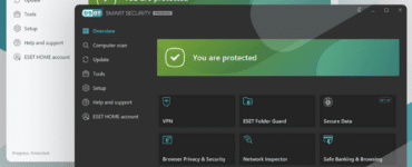 ESET Home Security brugerflade på Windows med oversigt over antivirusbeskyttelse, VPN, sikker netbank og netværksinspektion