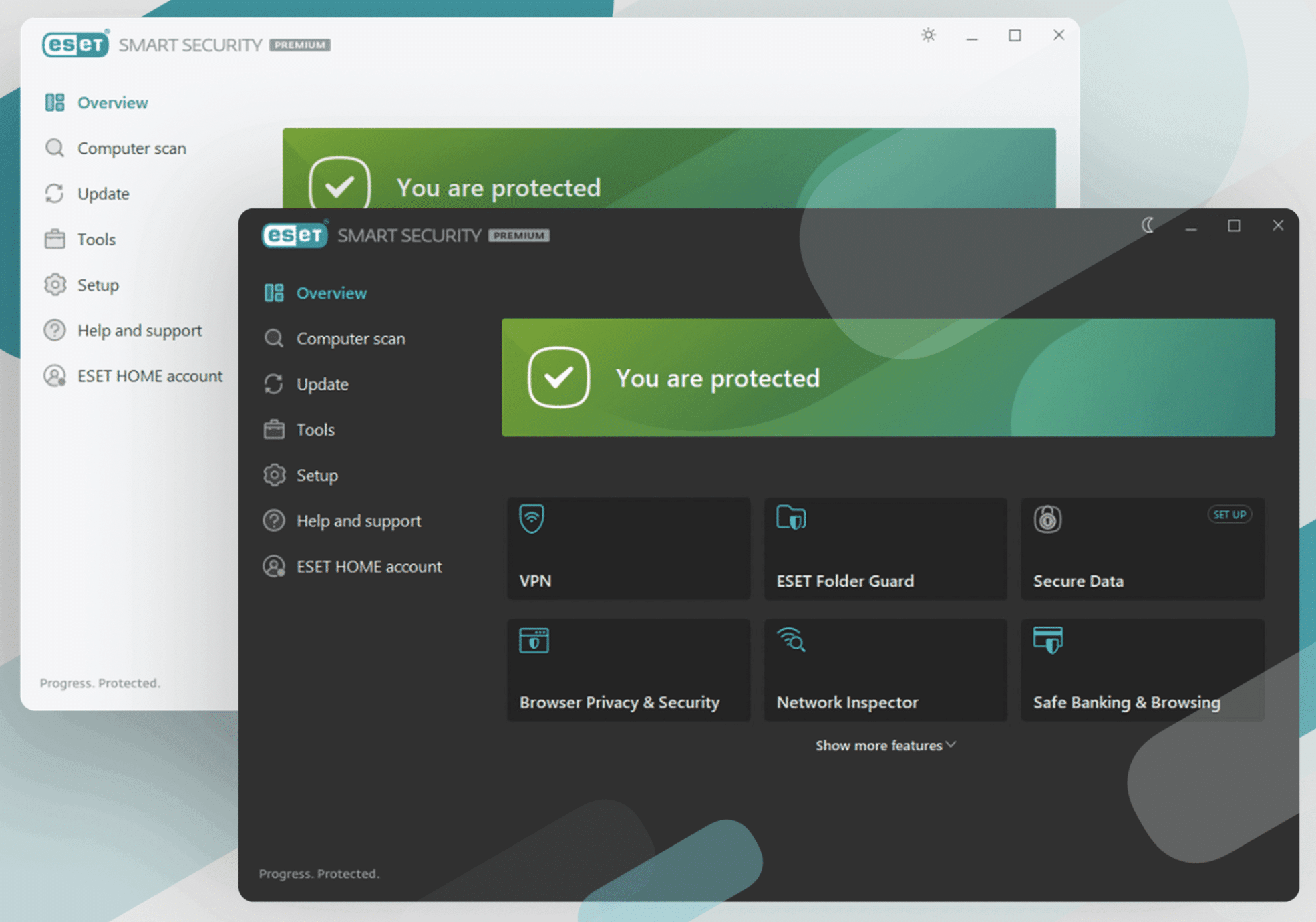 ESET Home Security brukerflate på Windows med oversikt over antivirusbeskyttelse, VPN, sikker nettbank og nettverksinspeksjon
