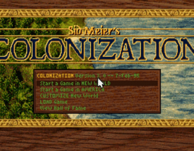 Startmenuen i Sid Meier’s Colonization (classic) med valgene “New World” og “America”, screenshot fra vores test på PC.