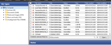 Skærmbillede af FileRestorePlus på Windows, der viser scanning af slettede filer med filstatus, filtyper og mulighed for gendannelse fra harddisk og USB-drev