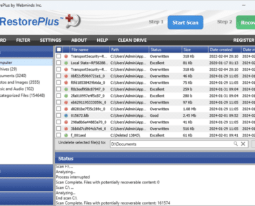 Skærmbillede af FileRestorePlus på Windows, der viser scanning af slettede filer med filstatus, filtyper og mulighed for gendannelse fra harddisk og USB-drev