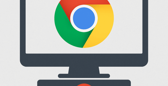 Illustration af Google Chrome-logoet vist på en computerskærm og kabinettet under, i et enkelt og moderne design uden tekst.