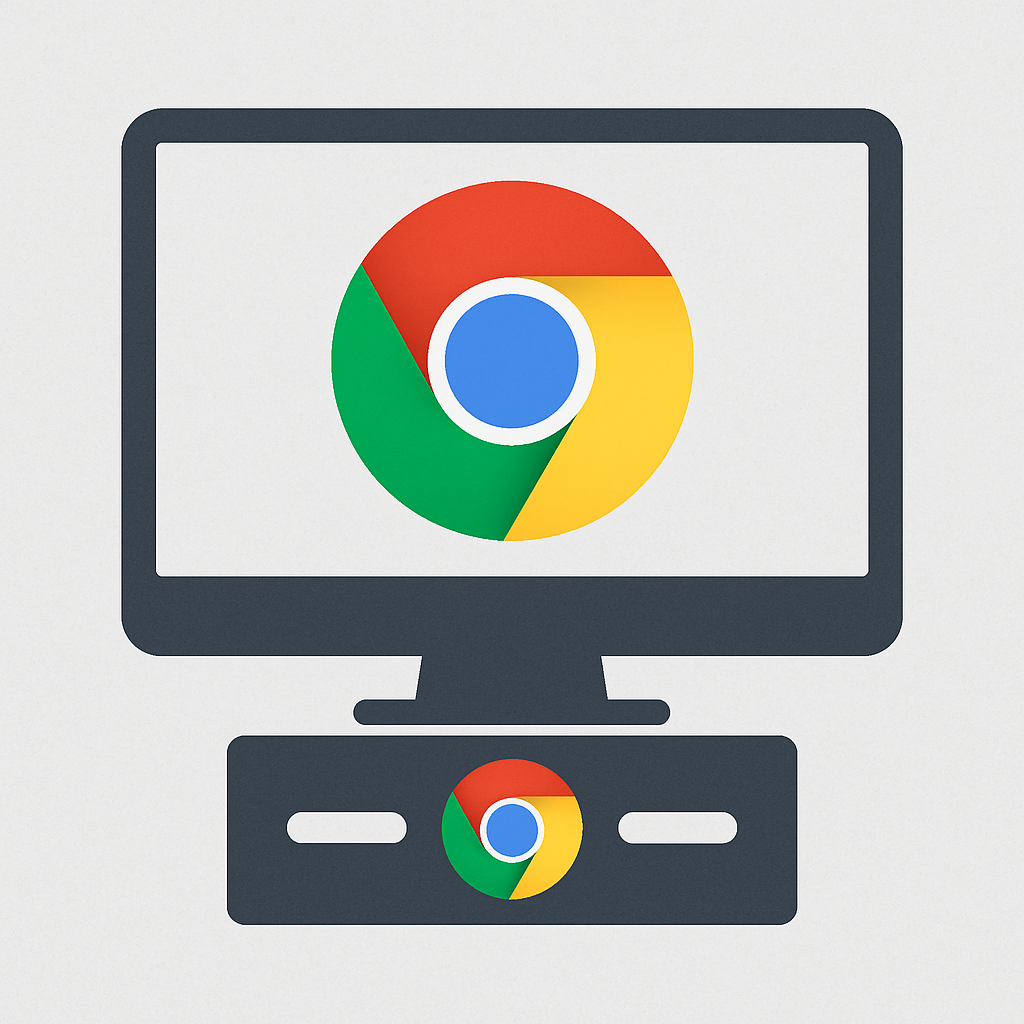 Illustration af Google Chrome-logoet vist på en computerskærm og kabinettet under, i et enkelt og moderne design uden tekst.