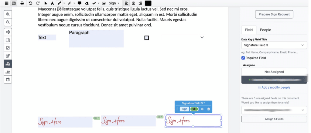 DocHub med signaturfelter i PDF-editoren og panel til tildeling av underskrivere