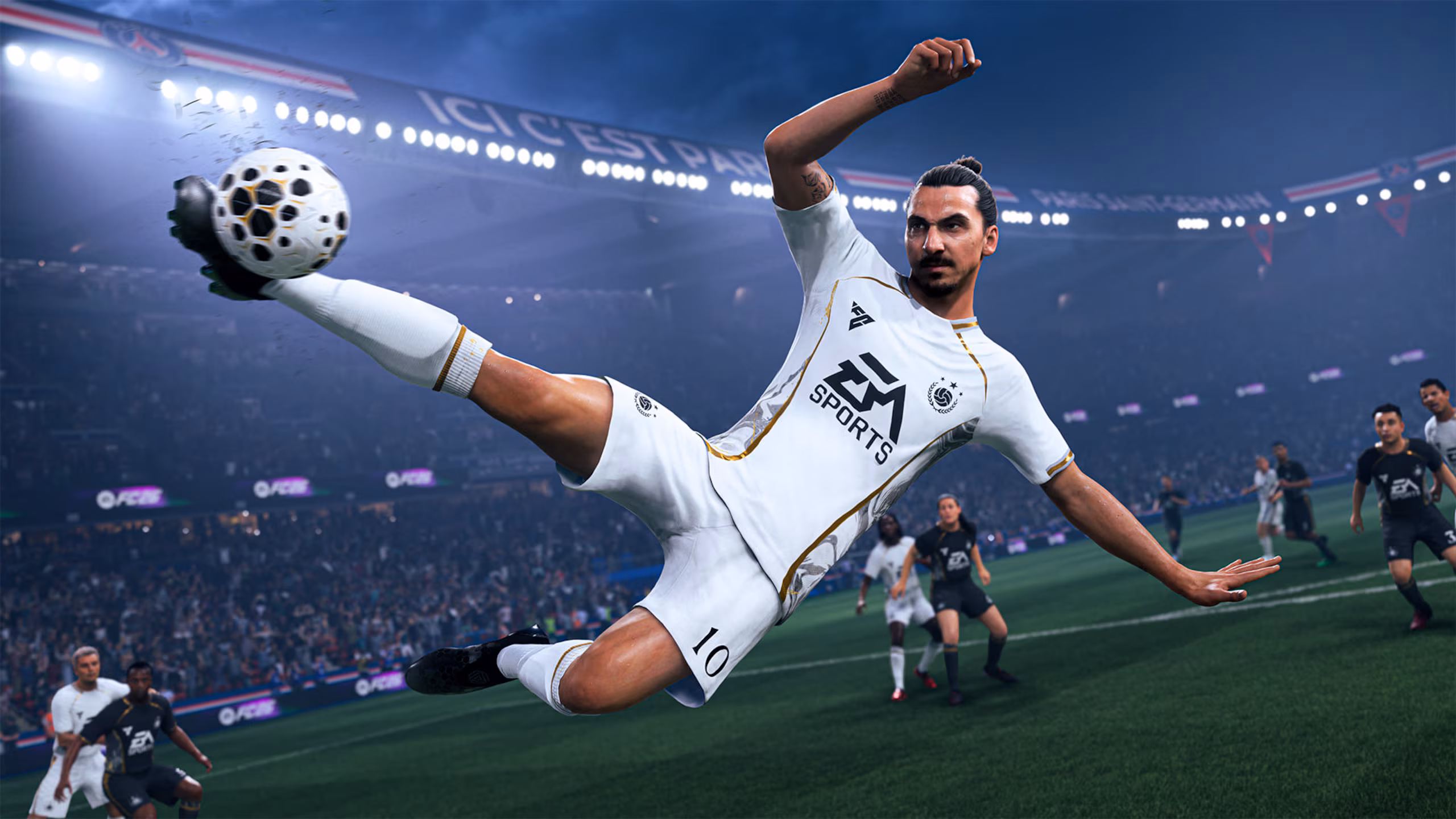 EA Sports FC 26 Gameplay mit Spielern in Aktion auf dem Platz und realistischer Stadionatmosphäre