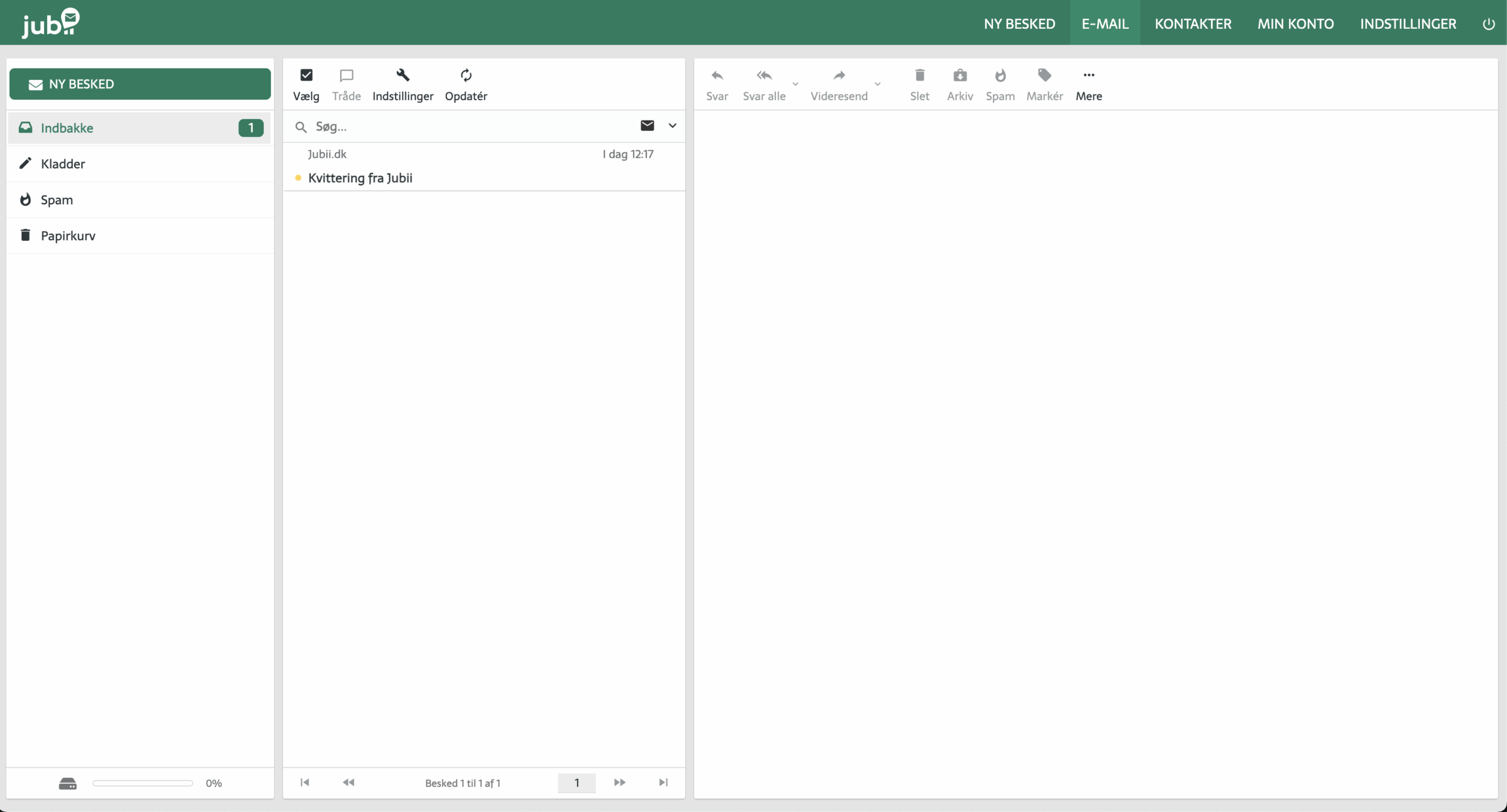 Hauptfenster von Jubii Mail nach dem Login mit Überblick u. a. über den Posteingang.