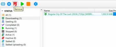 qBittorrent brugerflade på Windows med aktiv torrent-download, hvor en fil downloades, og værktøjslinjen viser knapper til start, stop og fjernelse af torrent