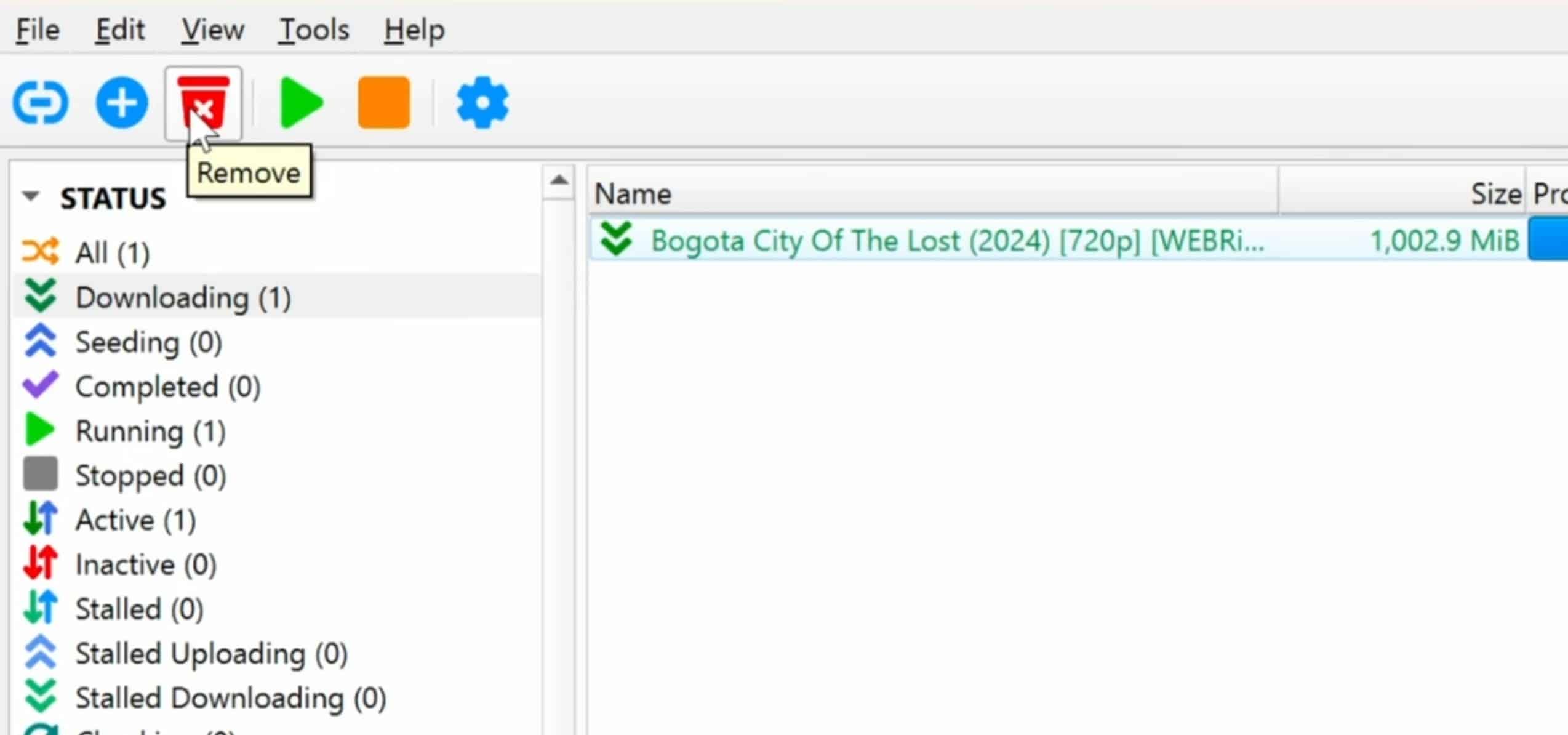 qBittorrent interface on Windows with an active torrent download, showing a file downloading and a toolbar with buttons to start, stop, and remove the torrent