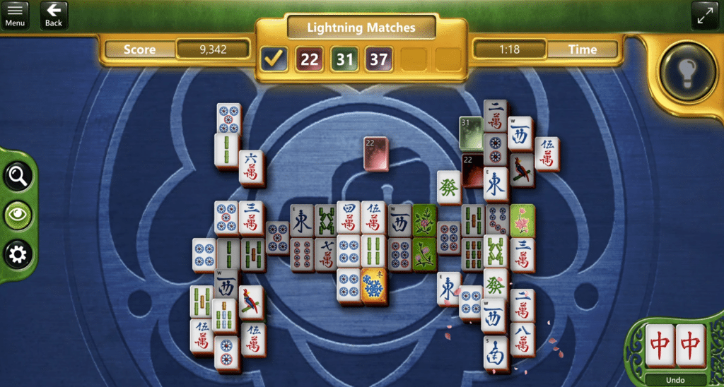 Microsoft Mahjong Lightning Matches med tidsbaseret spil, pointtæller og åbne brik-kombinationer