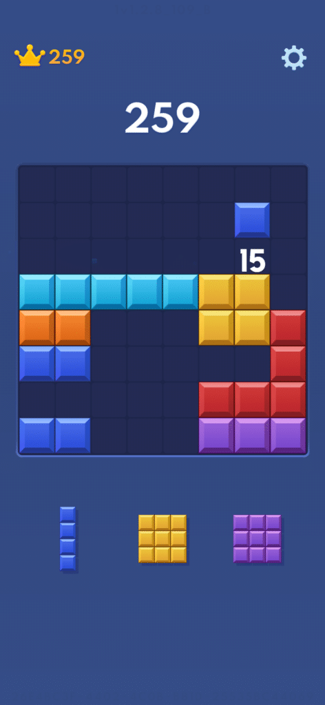 Gameplay fra Block Blast, hvor spilleren har opnået en score på 259 point og skal placere nye farvede blokke strategisk på spillepladen.