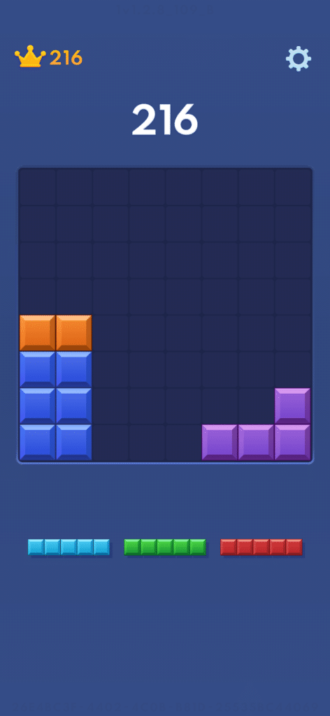 Gameplay fra Block Blast med en score på 216 point, hvor spillepladen næsten er tom, og nye lange blokke er klar til at blive placeret.