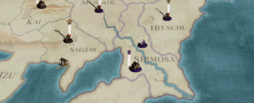 Shogun: Total War kampagnekort med provinser, klaner og hære i det feudale Japan
