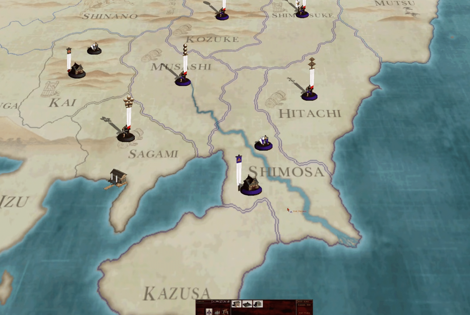 Shogun: Total War -kampanjakartta, jossa provinssit, klaanit ja armeijat feodaalisessa Japanissa