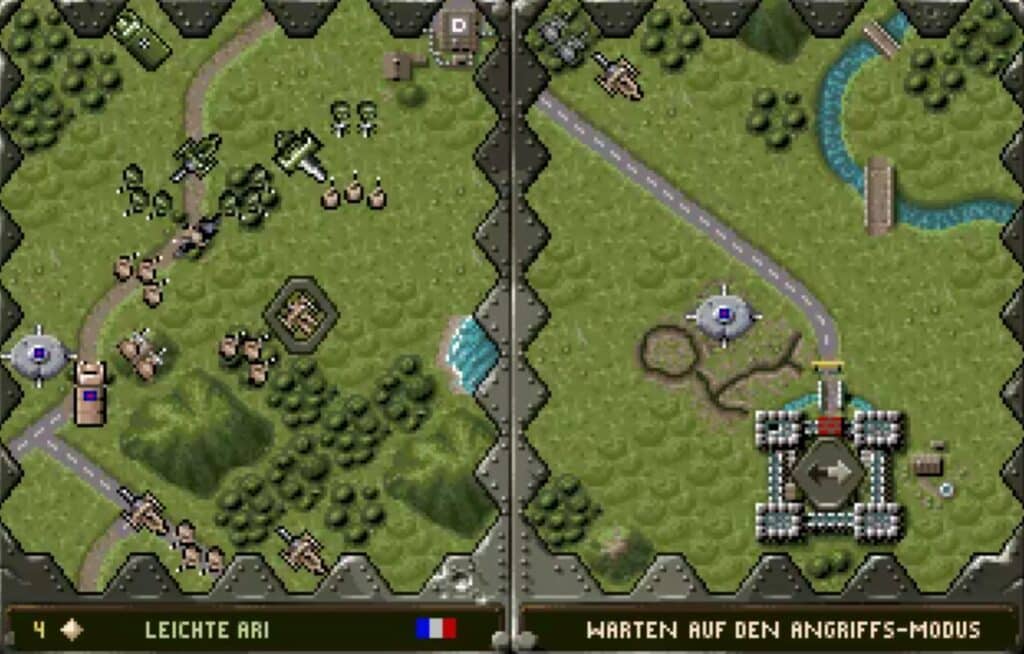 Screenshot aus Historyline 1914–1918: rundenbasierte Schlacht mit Infanterie, Artillerie und Basen auf einer geteilten Karte des Ersten Weltkriegs