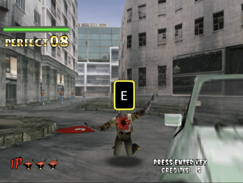 Screenshot from The Typing of the Dead, where the player fights zombies by typing letters on the keyboard in an action-packed horror game based on House of the Dead 2