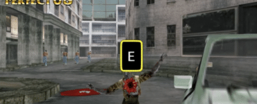 Skærmbillede fra The Typing of the Dead, hvor spilleren bekæmper zombier ved at trykke bogstaver på tastaturet i et actionfyldt gyserspil baseret på House of the Dead 2