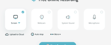 Apowersofts online skærmoptager med store valg til skærm, webcam, systemlyd og mikrofon samt en tydelig Start Recording-knap i midten.