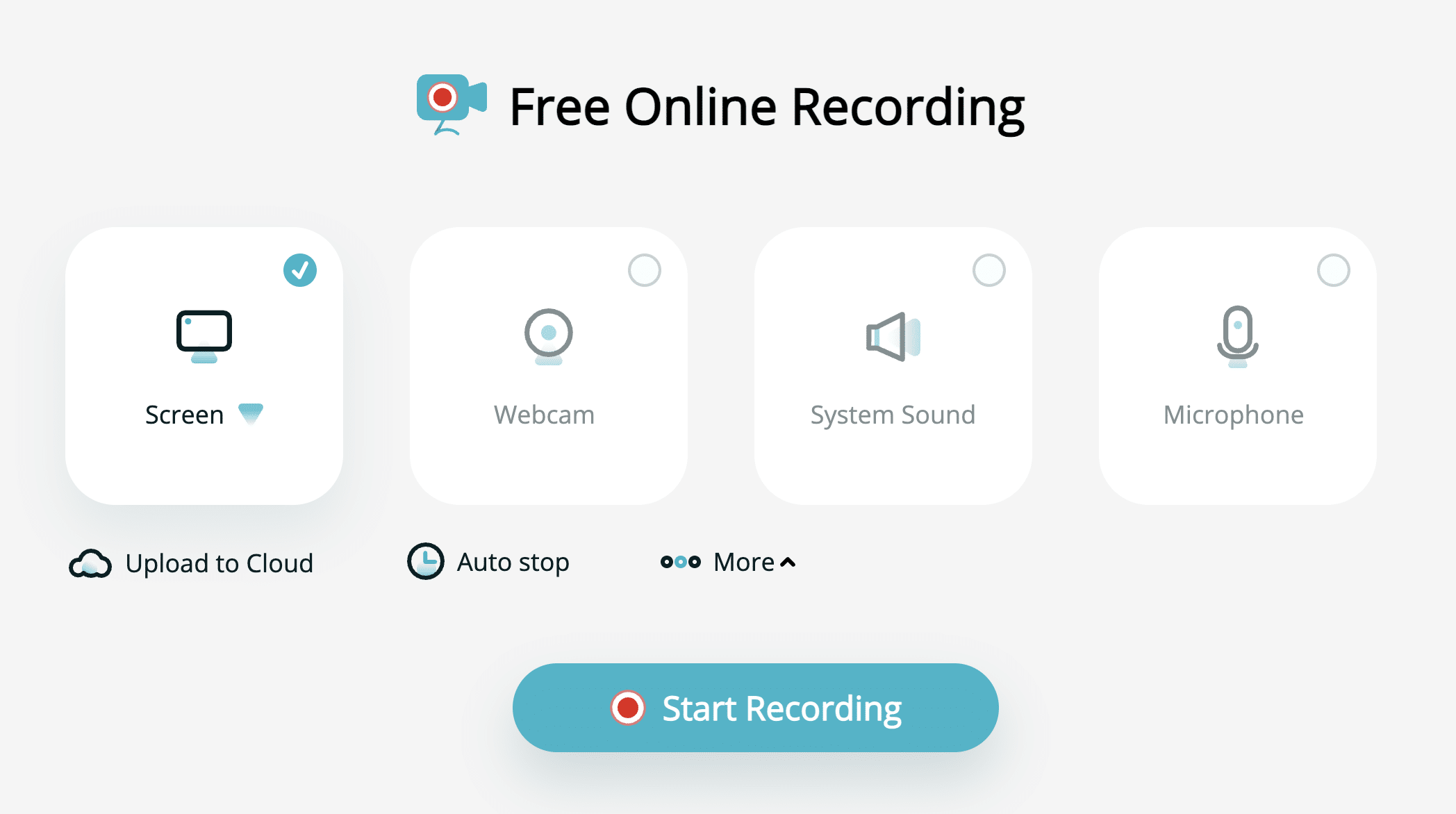 Apowersofts Online-Bildschirmrecorder mit großen Optionen für Bildschirm, Webcam, Systemton und Mikrofon sowie einer gut sichtbaren Start Recording-Schaltfläche in der Mitte.