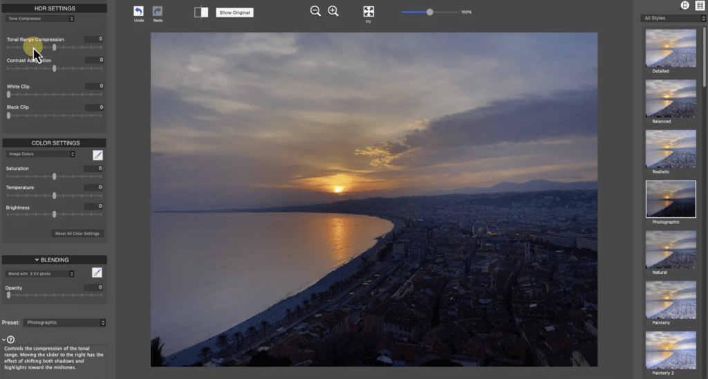 Photomatix interface showing HDR editing of a sunset over a coastal city, with tone mapping, color settings, and presets adjusted.