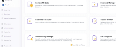 PureVPN viser sektionen Security Tools med funktioner som password manager, password generator, tracker blocker, filkryptering og værktøjer til databeskyttelse.