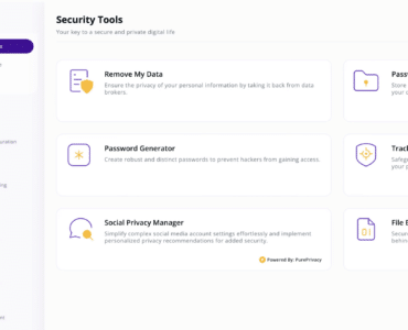 PureVPN viser sektionen Security Tools med funktioner som password manager, password generator, tracker blocker, filkryptering og værktøjer til databeskyttelse.