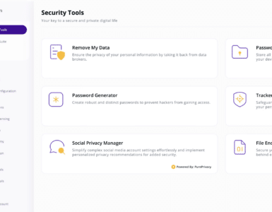 PureVPN viser sektionen Security Tools med funktioner som password manager, password generator, tracker blocker, filkryptering og værktøjer til databeskyttelse.