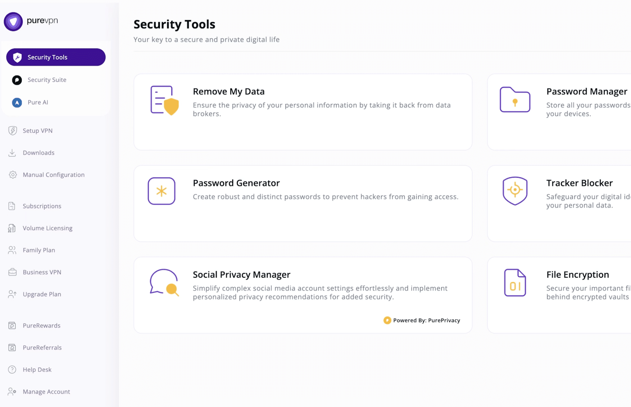 PureVPN näyttää Security Tools -osion, jossa on toimintoja kuten salasanojen hallinta, salasanageneraattori, seurannan estäjä, tiedostojen salaus ja tietosuojatyökalut.