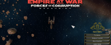 Star Wars: Empire at War – Forces of Corruption hovedmenu med rumskib, asteroider og spillets logo i baggrunden.