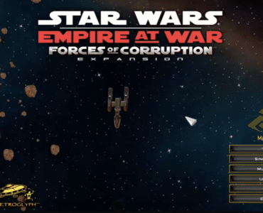 Star Wars: Empire at War – Forces of Corruption hovedmenu med rumskib, asteroider og spillets logo i baggrunden.