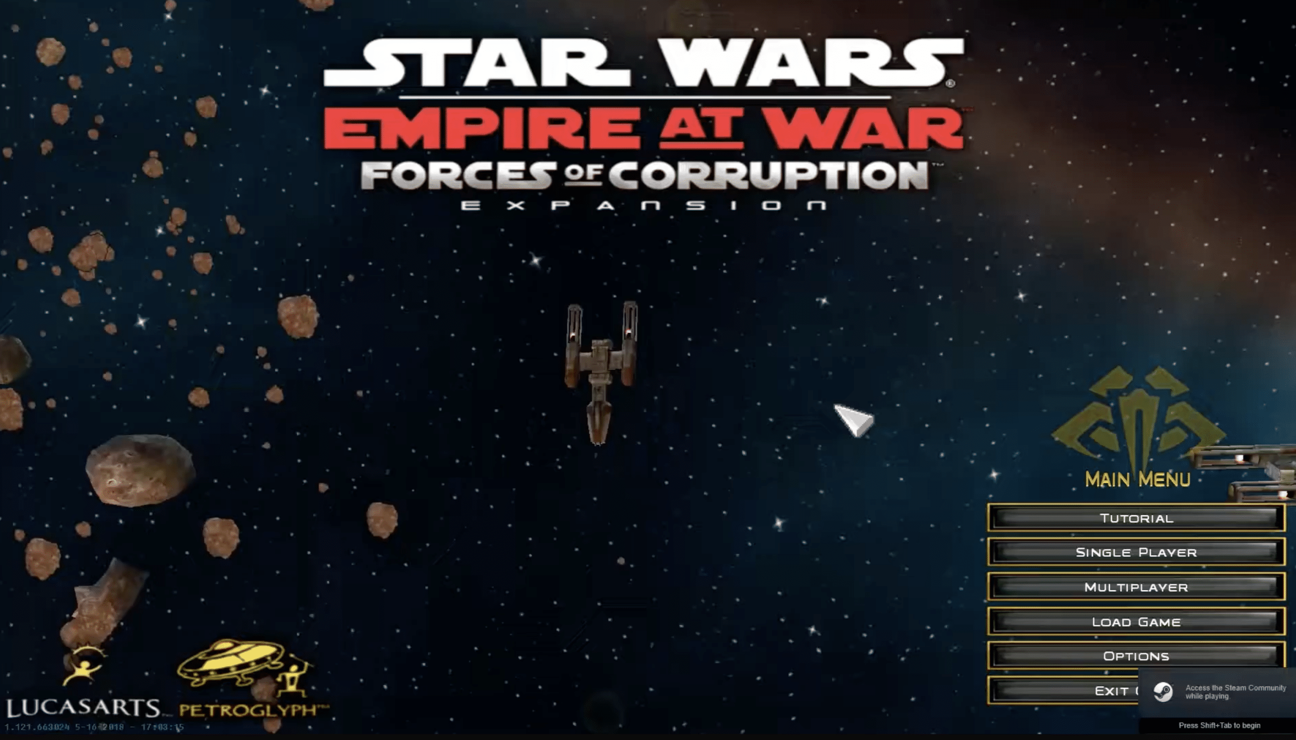 Star Wars: Empire at War – Forces of Corruption hovedmeny med romskip, asteroider og spillets logo i bakgrunnen.
