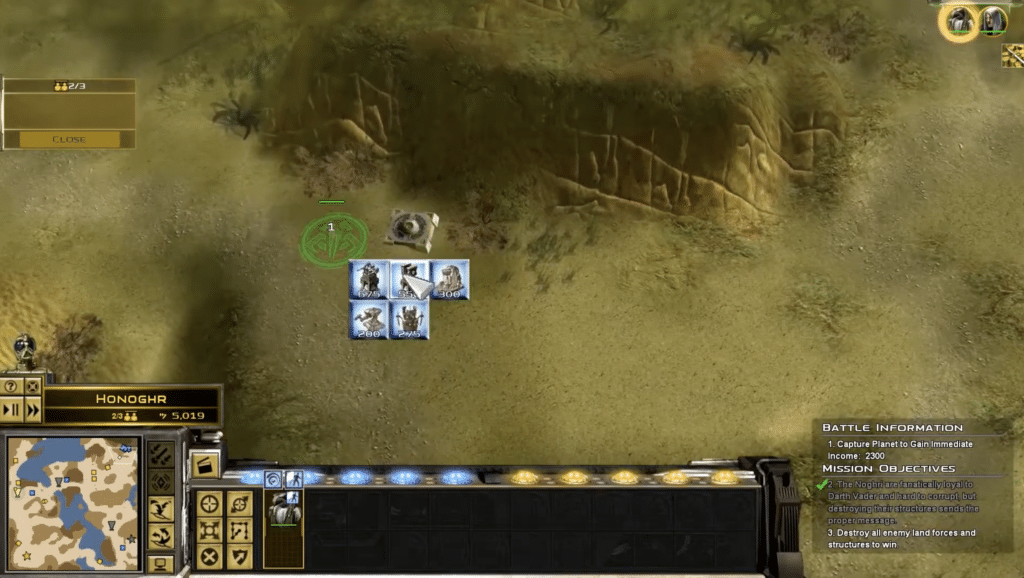Empire at War: Forces of Corruption gameplay på Honoghr med galaksekort, missionsmål og enheder klar til at sabotere fjendens installationer.