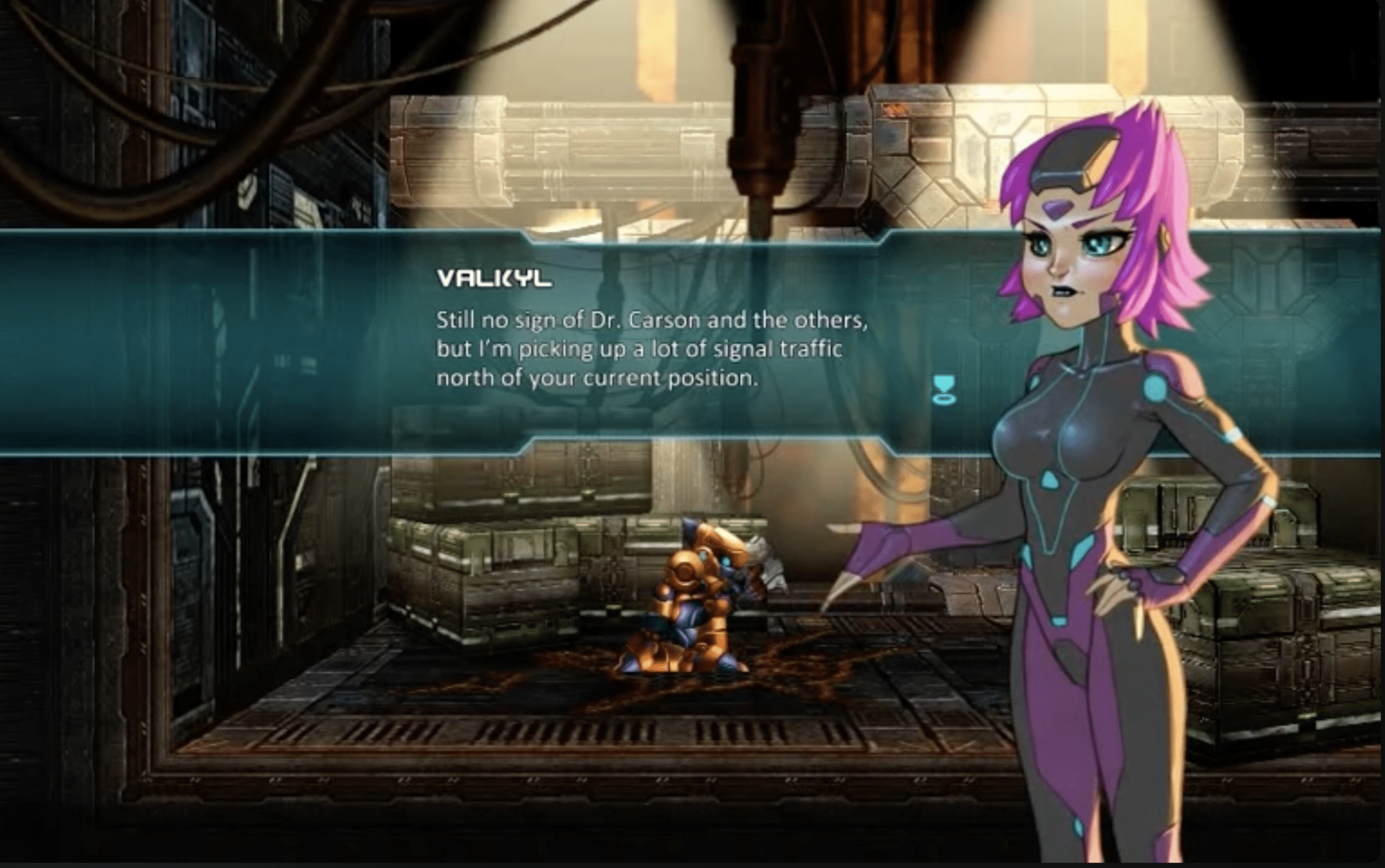 A.R.E.S. Extinction Agenda EX gameplay with Valikyl's dialog box and Ares in a dark sci-fi space station.