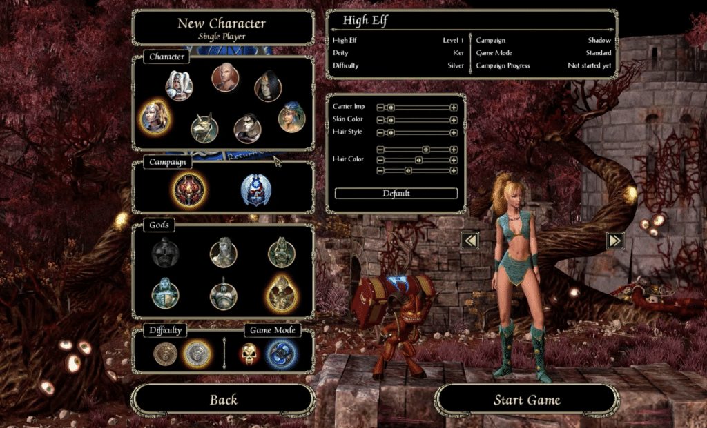 Sacred 2 karaktervalg med High Elf-klassen valgt i menuen før kampagnen starter.