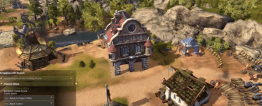 Screenshot fra The Settlers 7: Paths to a Kingdom, hvor en lille bosættelse med rådhus, bygninger, soldater og ressourcer ses i et frodigt bjerglandskab.