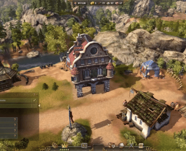 Screenshot fra The Settlers 7: Paths to a Kingdom, hvor en lille bosættelse med rådhus, bygninger, soldater og ressourcer ses i et frodigt bjerglandskab.