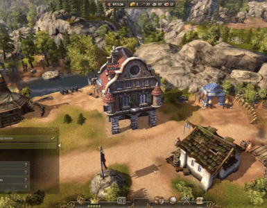 Screenshot fra The Settlers 7: Paths to a Kingdom, hvor en lille bosættelse med rådhus, bygninger, soldater og ressourcer ses i et frodigt bjerglandskab.