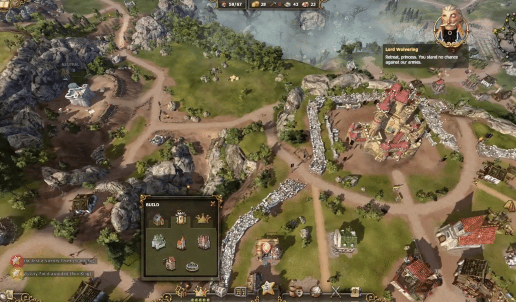 Screenshot fra The Settlers 7: Paths to a Kingdom med bykort, borg, veje, bygninger og en fjendtlig besked fra Lord Wolvering i brugerfladen.