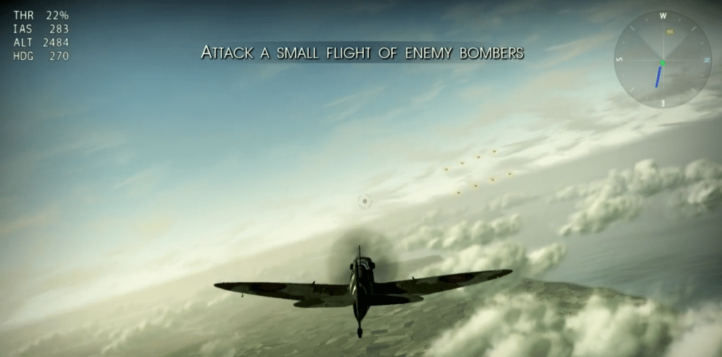 Screenshot fra Wings of Prey, hvor et jagerfly angriber en formation af fjendtlige bombefly højt over skyerne.