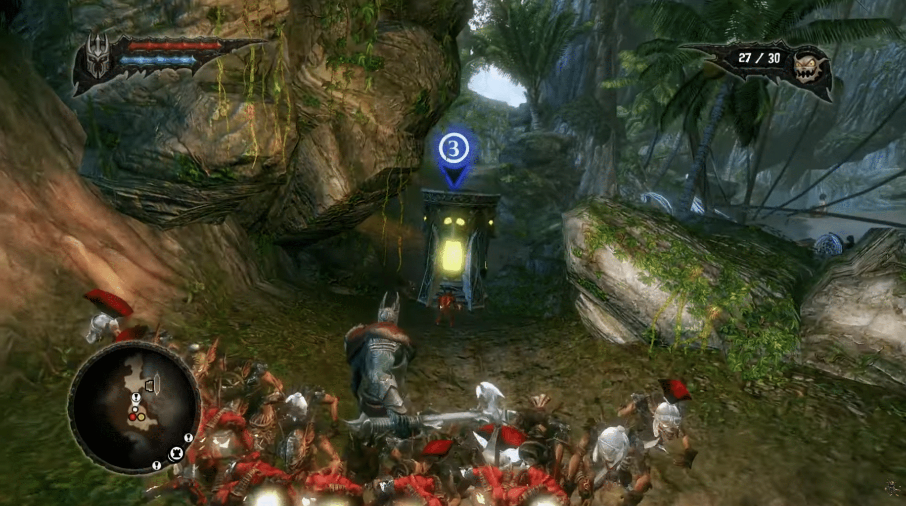 Overlord 2 gameplay with the Overlord and a large group of minions in a jungle-filled level