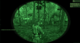 Screenshot fra ARMA 2, hvor en soldat bevæger sig gennem en skov om natten med night vision aktiveret.