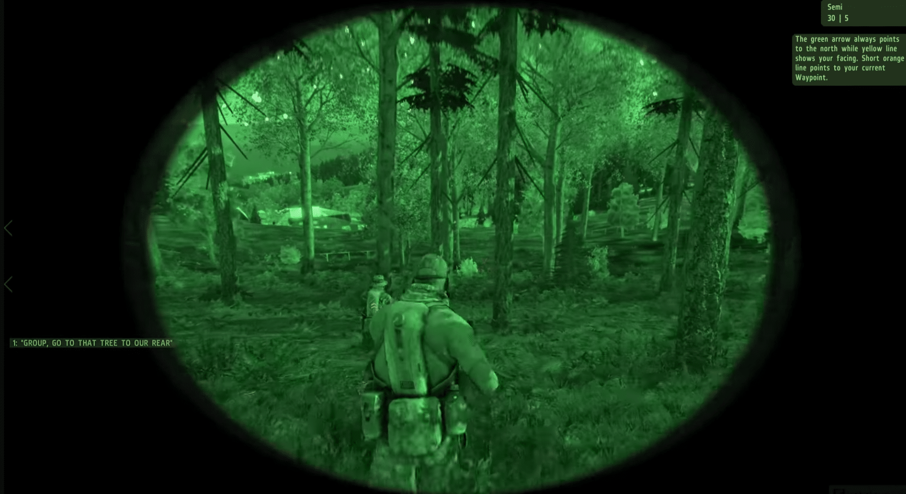 Screenshot from ARMA 2 showing a soldier moving through a forest at night with night vision enabled.