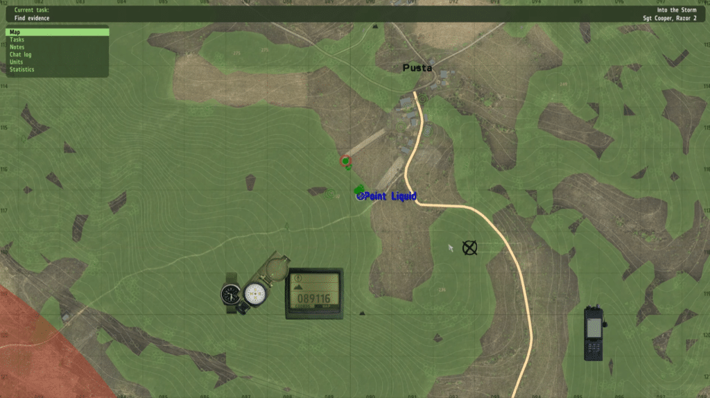 ARMA 2-kortvisning med missionens rute, waypoint og målområde nær landsbyen Pusta i Chernarus.